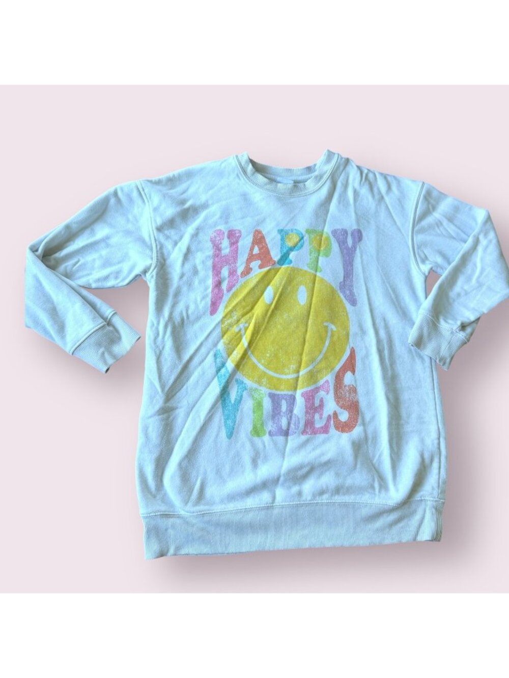 Happy Vibes Smiley Face Sweatshirt Girls White Graphic size 14
